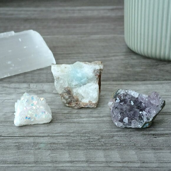 3 Piece crystal set, amethyst amazonite & aura quartz - Picture 1 of 3